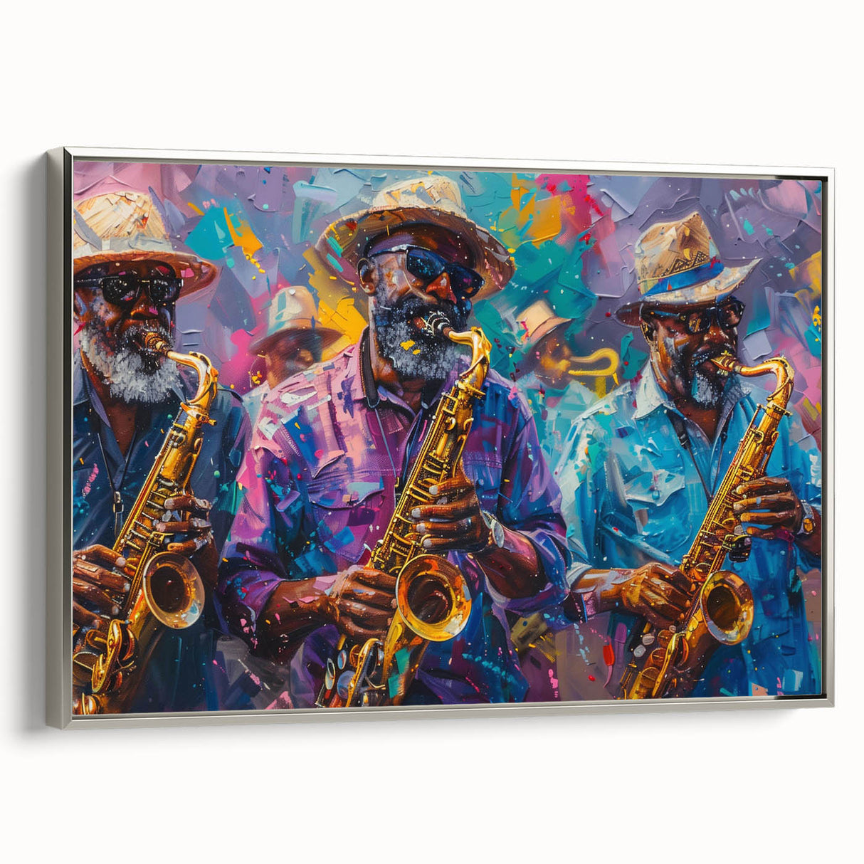 Framed canvas landscape art painting of New Orleans in colorful tones, ideal for living room decor.