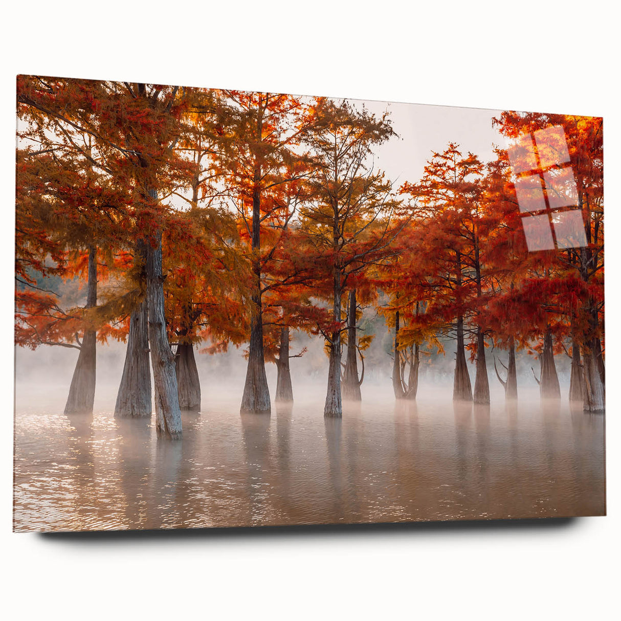 Large abstract wall art featuring a Louisiana landscape in muted green and blue tones on acrylic glass.