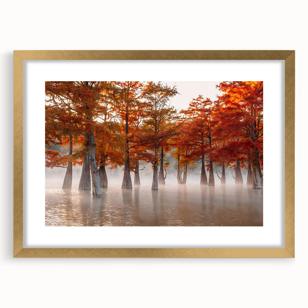 Abstract art print of a textured Louisiana landscape in muted earth tones on a gold-framed canvas.