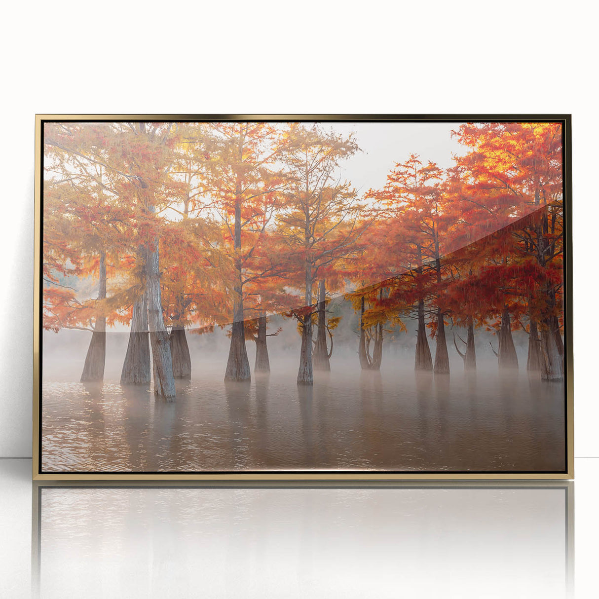 Acrylic print of Louisiana scenery in gold frame, featuring mid-century modernist style, ideal for nursery wall art.