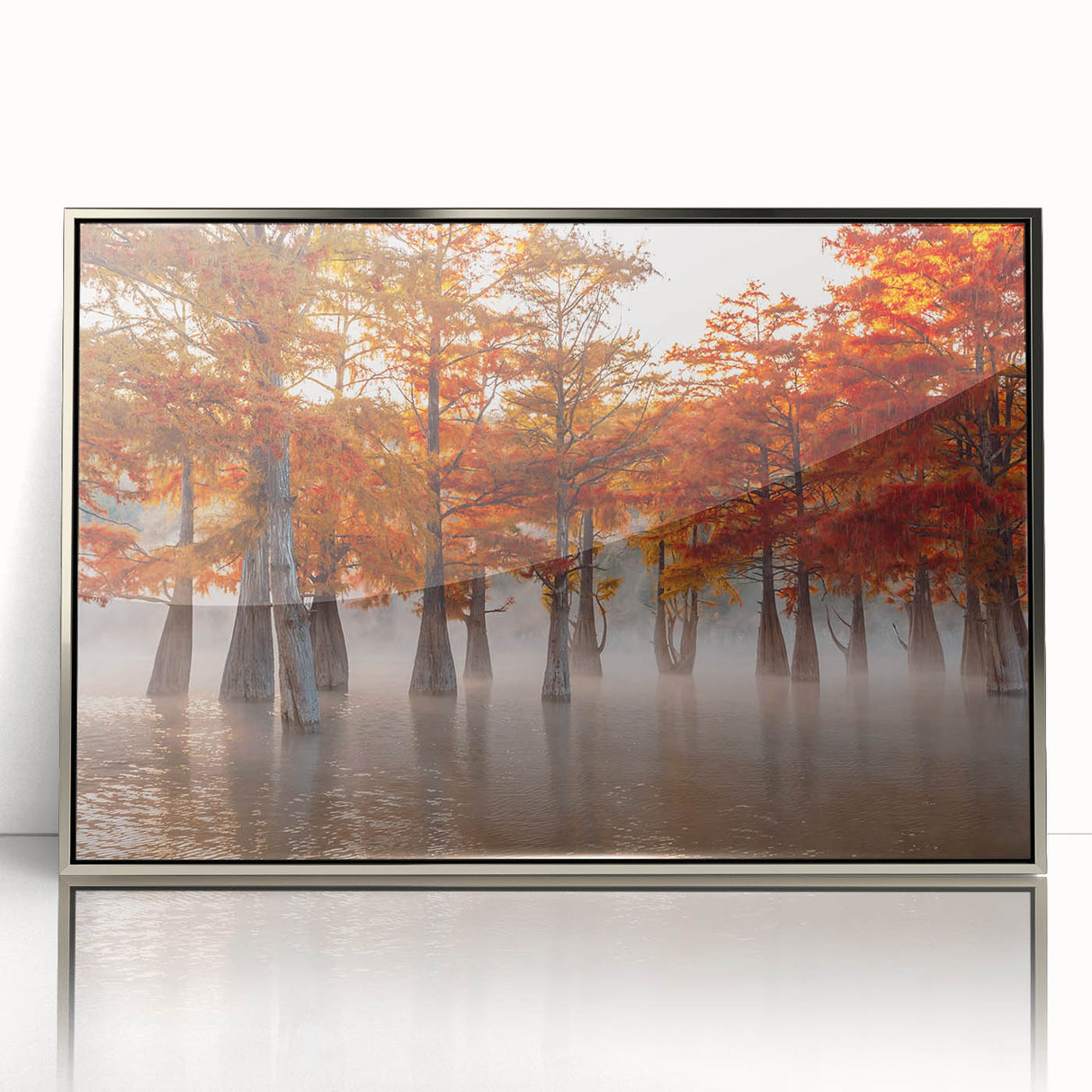 Mid-century modernist art depicting Louisiana scenery in muted earth tones on a framed acrylic.