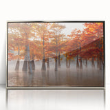 Mid-century modernist art depicting Louisiana scenery in muted earth tones on a framed acrylic.