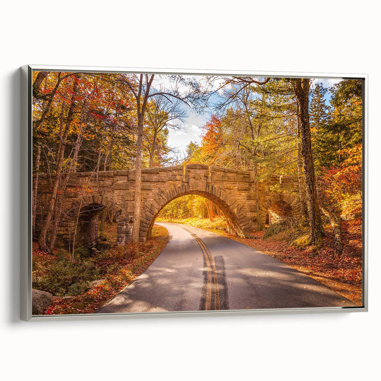 Framed canvas depicting Acadia, Maine landscape in muted earth tones, suitable as wall art for bedroom.