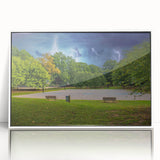 Acrylic print of Charlotte skyline in muted gray and blue tones, suitable for modern art wall decor.