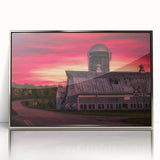 Mid-century modernist art depicting Vermont scenery in muted earth tones on a silver-framed acrylic print.