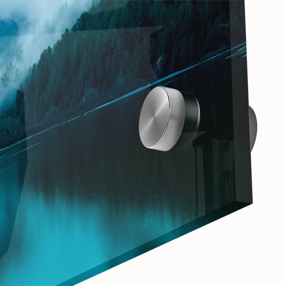 Acrylic print of a large abstract depiction of Seattle, featuring mid-century modernist style in cool blue tones.