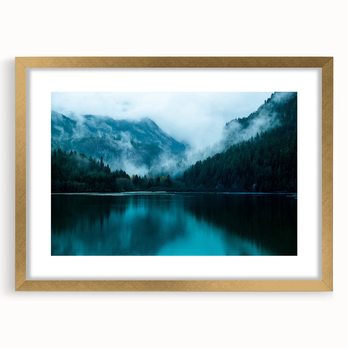Extra large framed abstract art print of Seattle skyline in textured gold and blue tones, ideal for living room decor.