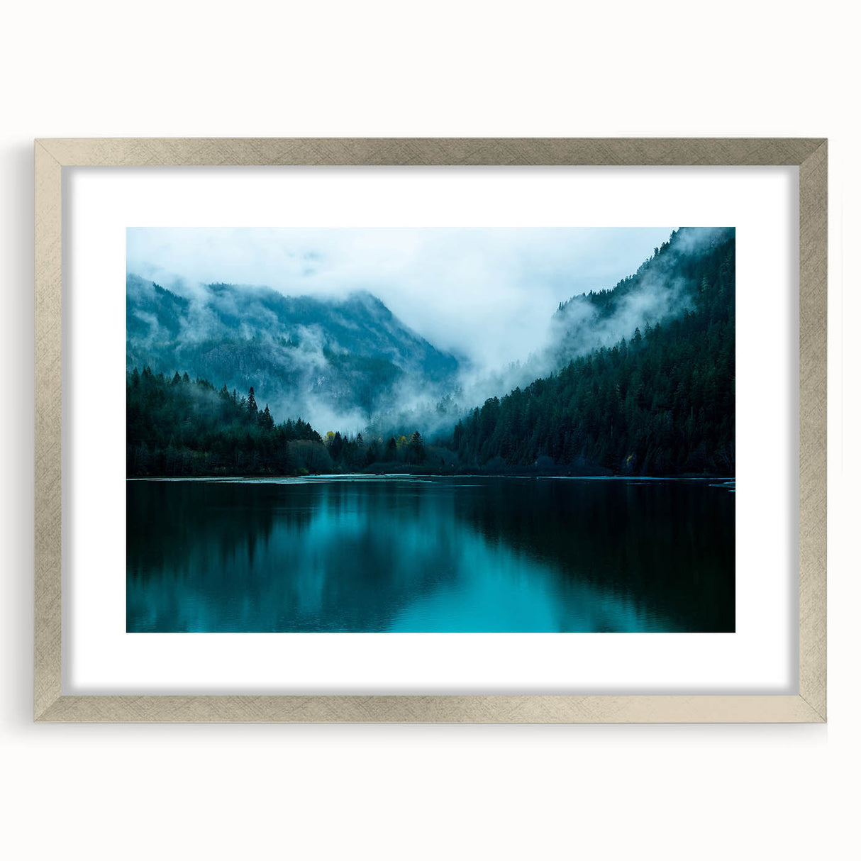 Textured abstract art print of Seattle skyline in muted gray tones on a framed silver mat, suitable for bedroom decor.