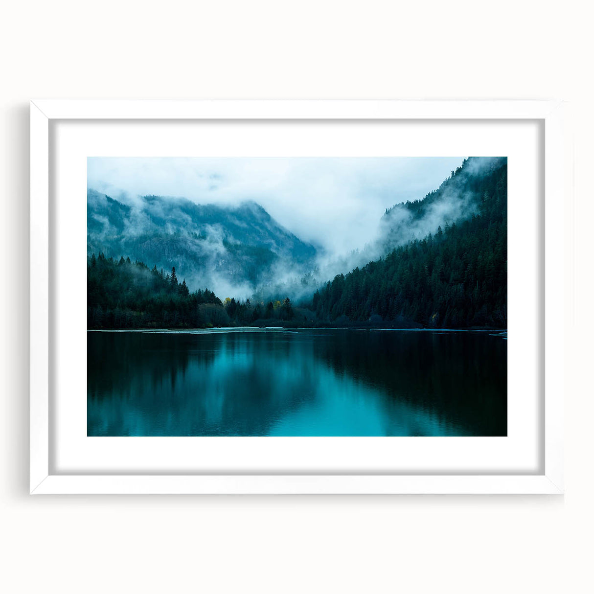 Abstract art print of Seattle skyline in muted gray and blue tones on a white framed poster, suitable for dining room decor.