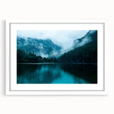 Abstract art print of Seattle skyline in muted gray and blue tones on a white framed poster, suitable for dining room decor.