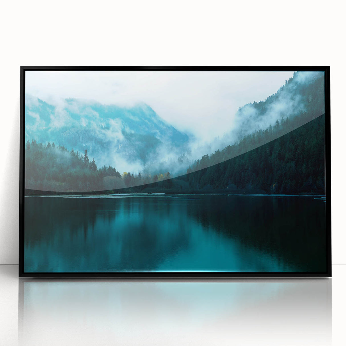 Large abstract wall art depicting the Seattle skyline in muted gray and blue tones, framed in black acrylic.