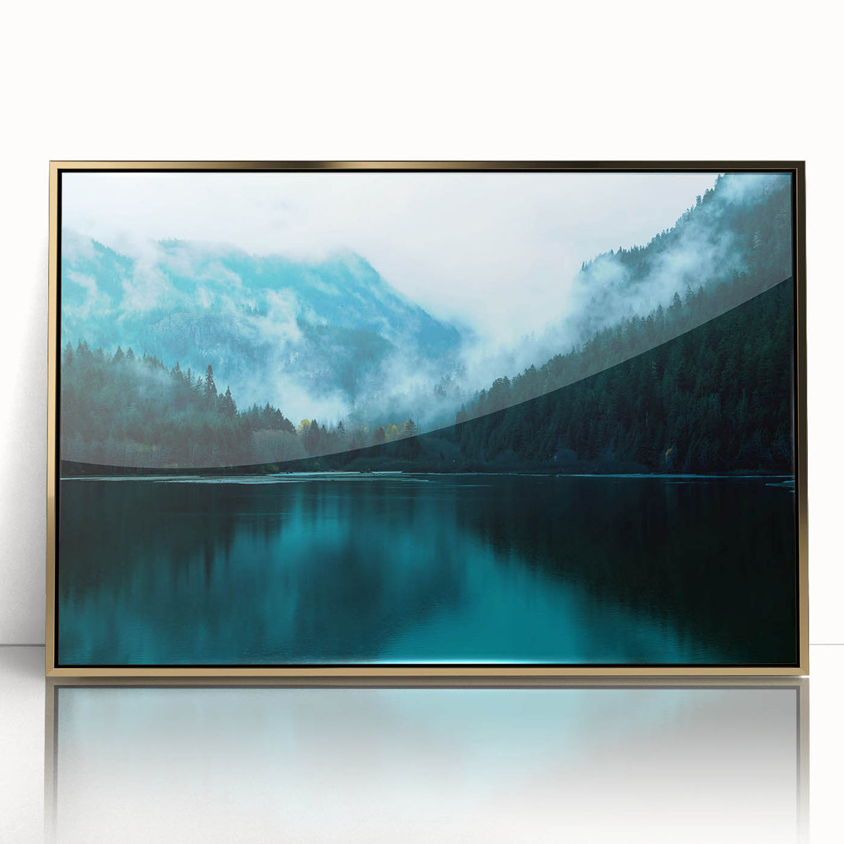 Large art print of Seattle skyline in mid-century modernist style, framed in gold acrylic.