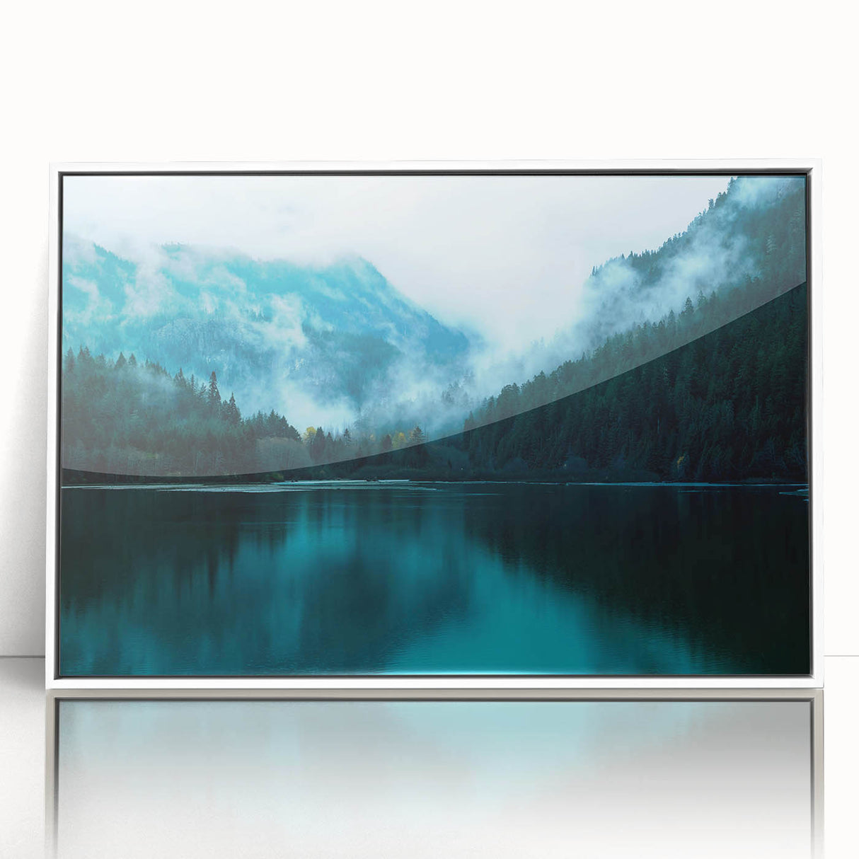 Acrylic print of Seattle skyline in art deco style with muted gray and blue tones, ideal for modern nursery wall art.