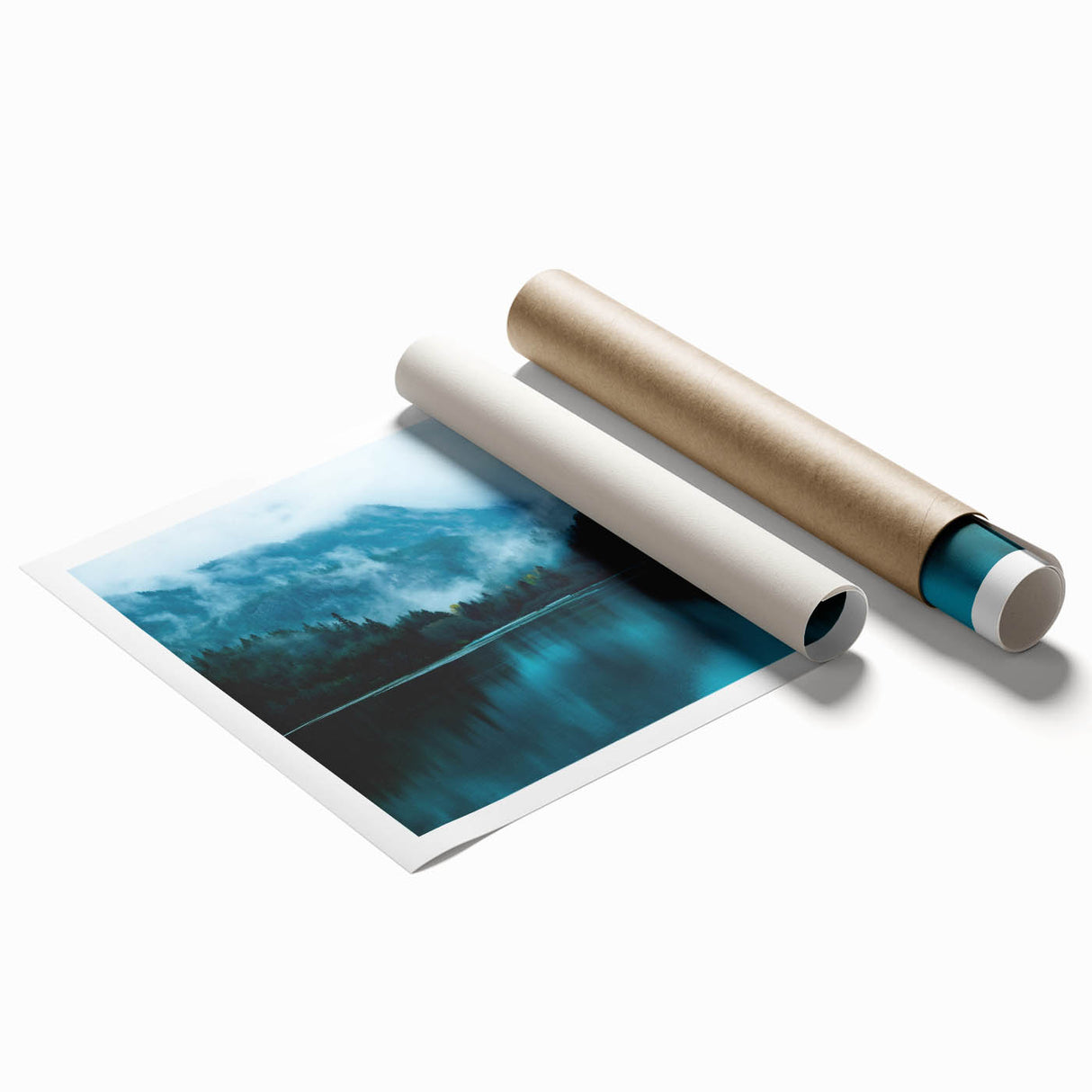 Rolled print of Seattle skyline with muted blue and gray tones, ideal for classy bathroom wall art.
