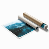 Rolled print of Seattle skyline with muted blue and gray tones, ideal for classy bathroom wall art.