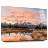 Acrylic print of the Grand Tetons in muted earth tones, ideal for bedroom or dining room decor.