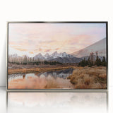 Mid-century modernist art of Grand Tetons in muted earth tones on a silver-framed acrylic.