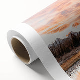 Art deco poster of the Grand Tetons in muted earth tones on rolled canvas, suitable as nursery wall art or in a dining room.