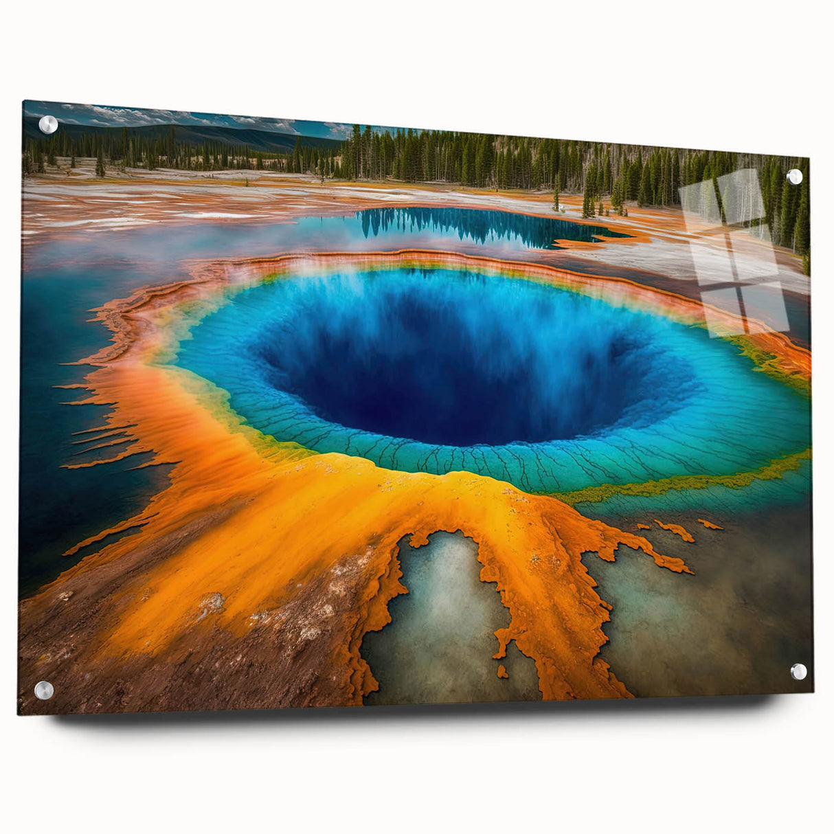 Acrylic print of Yellowstone scenery with vibrant green and blue tones, ideal for dining room art.