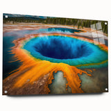 Acrylic print of Yellowstone scenery with vibrant green and blue tones, ideal for dining room art.