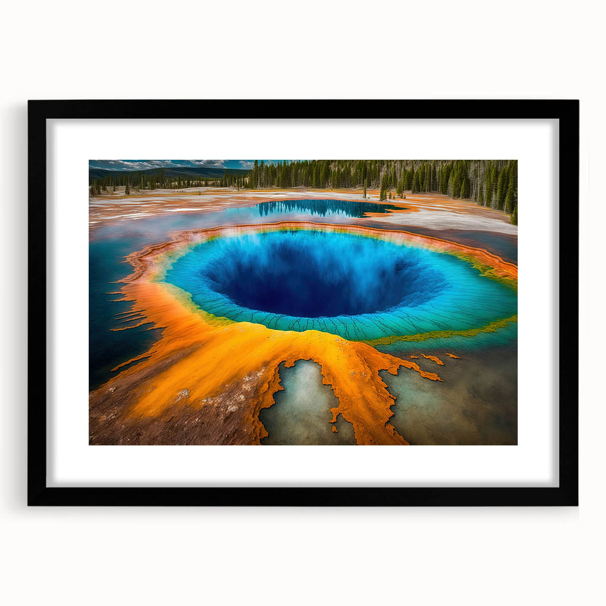 Extra large, colorful abstract art print of Yellowstone scenery in vibrant hues on a textured canvas, framed in black.