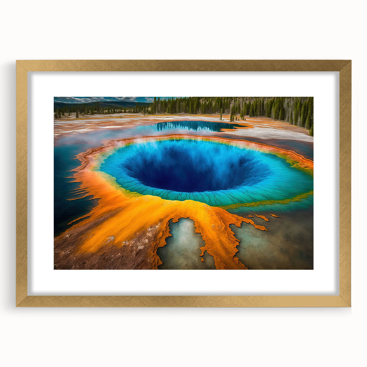 Extra large framed wall art of an abstract Yellowstone scene in textured gold and earth tones.
