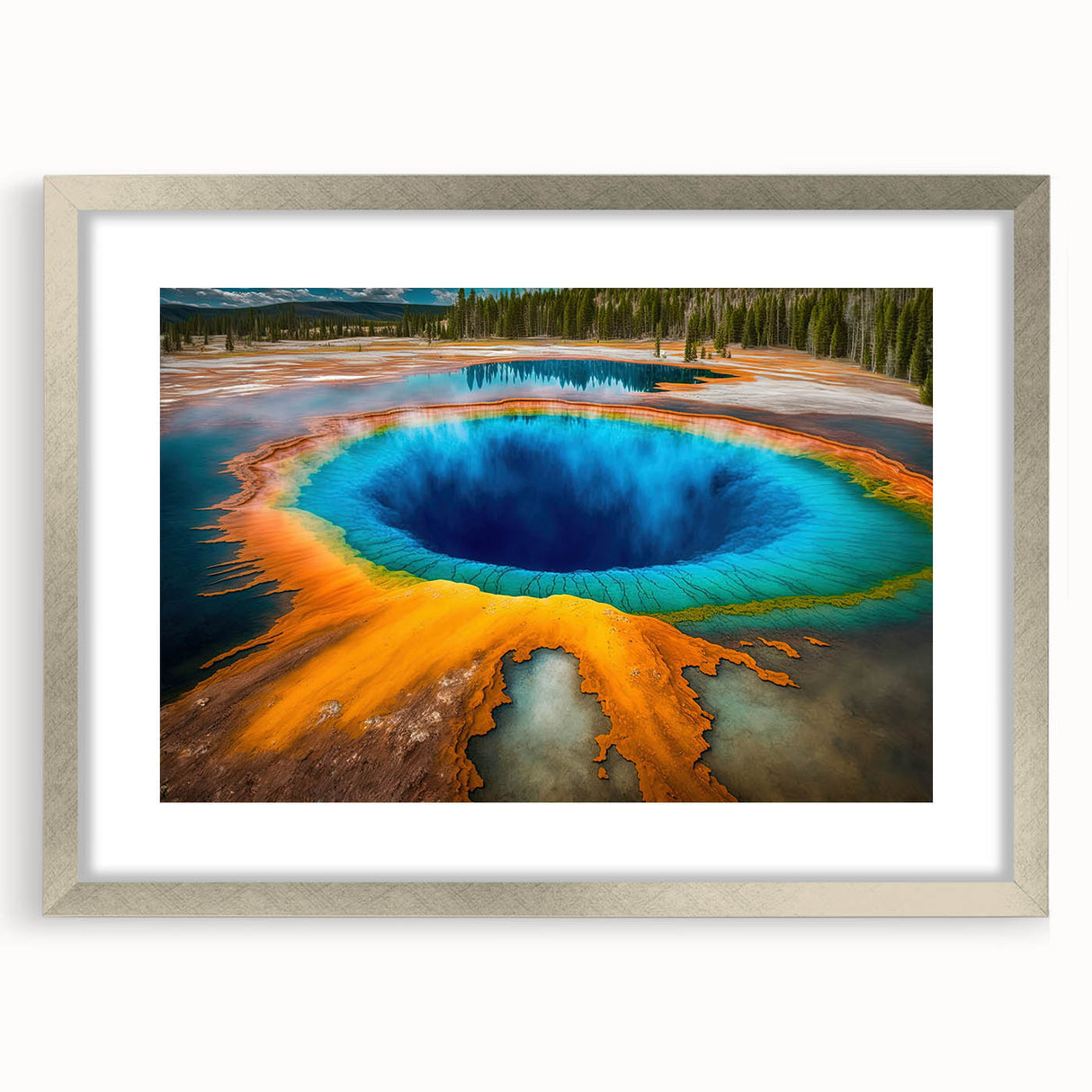 Textured art print of Yellowstone scenery in abstract style with muted earth tones, framed in silver.