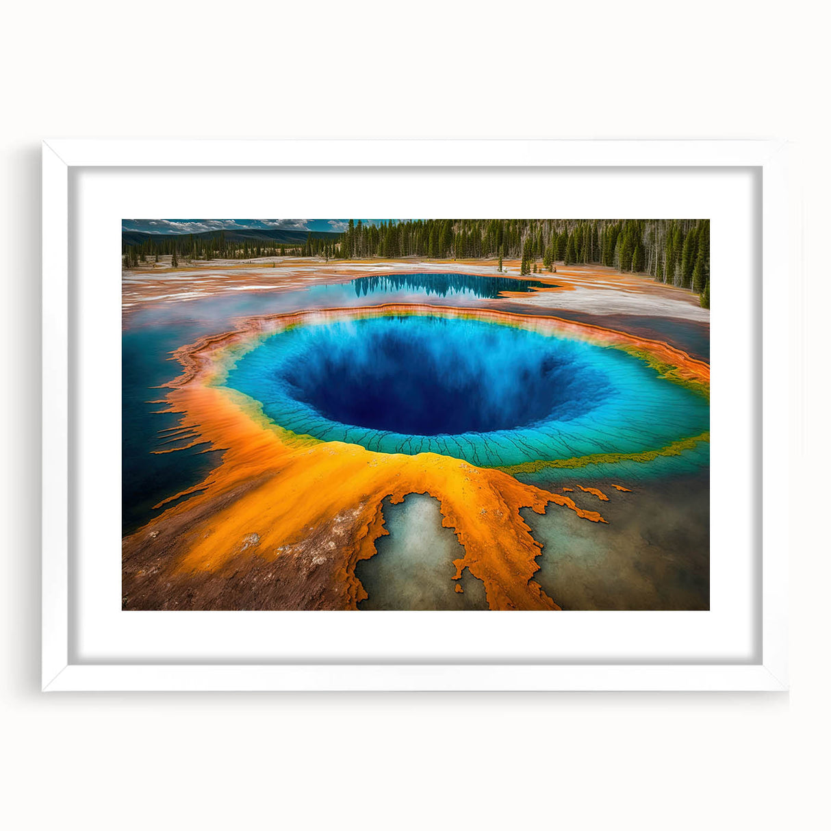 Abstract art print featuring a vivid depiction of Yellowstone with a white mat and frame, ideal for dining room decor.