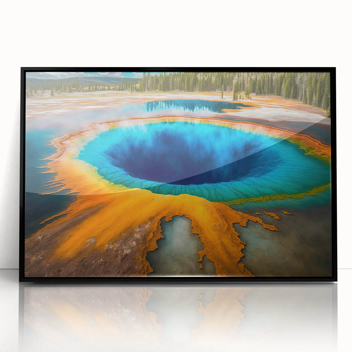 Large abstract wall art depicting Yellowstone scenery in mid-century modernist style, framed in black acrylic.
