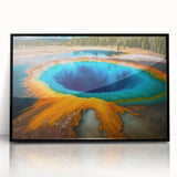 Large abstract wall art depicting Yellowstone scenery in mid-century modernist style, framed in black acrylic.