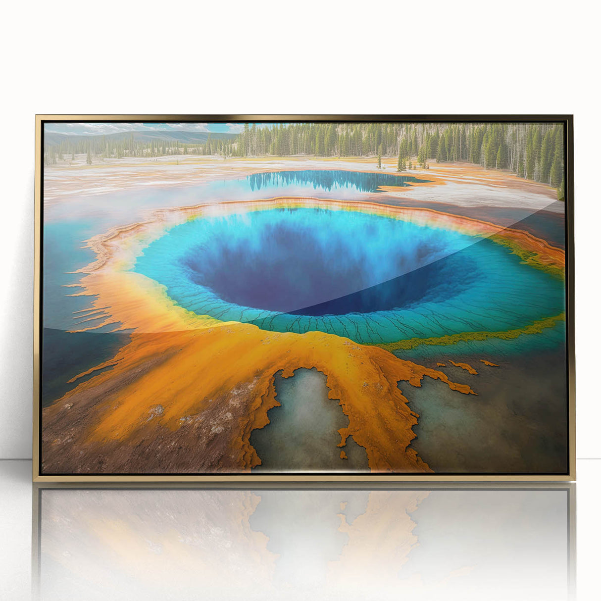 Yellowstone National Park scenery on a gold-framed acrylic print, featuring mid-century modernist style.