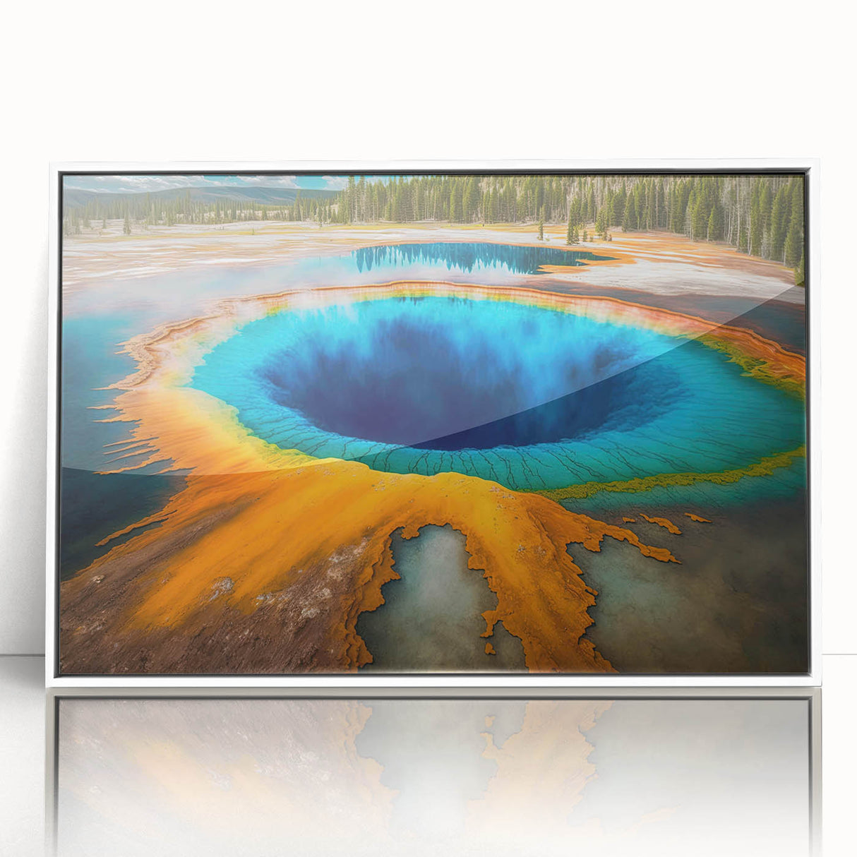 Acrylic print of Yellowstone landscape in muted earth tones, framed in white.
