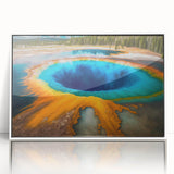 Acrylic print of Yellowstone landscape in muted earth tones, framed in white.