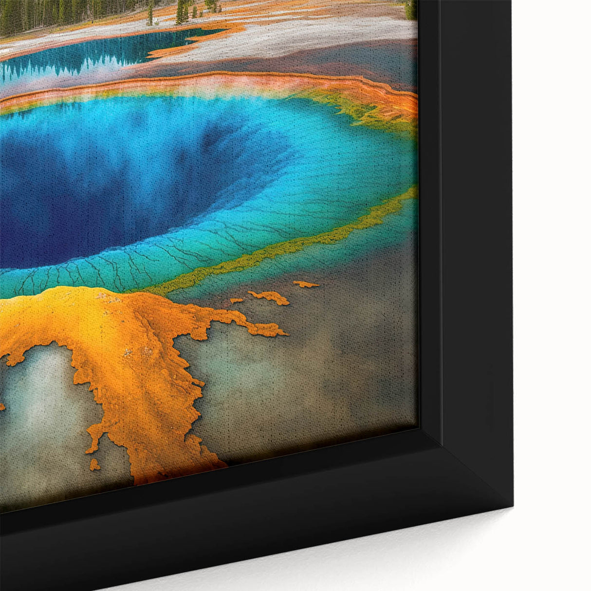 Black framed canvas featuring a textured, colorful depiction of Yellowstone scenery, ideal for large living room walls.