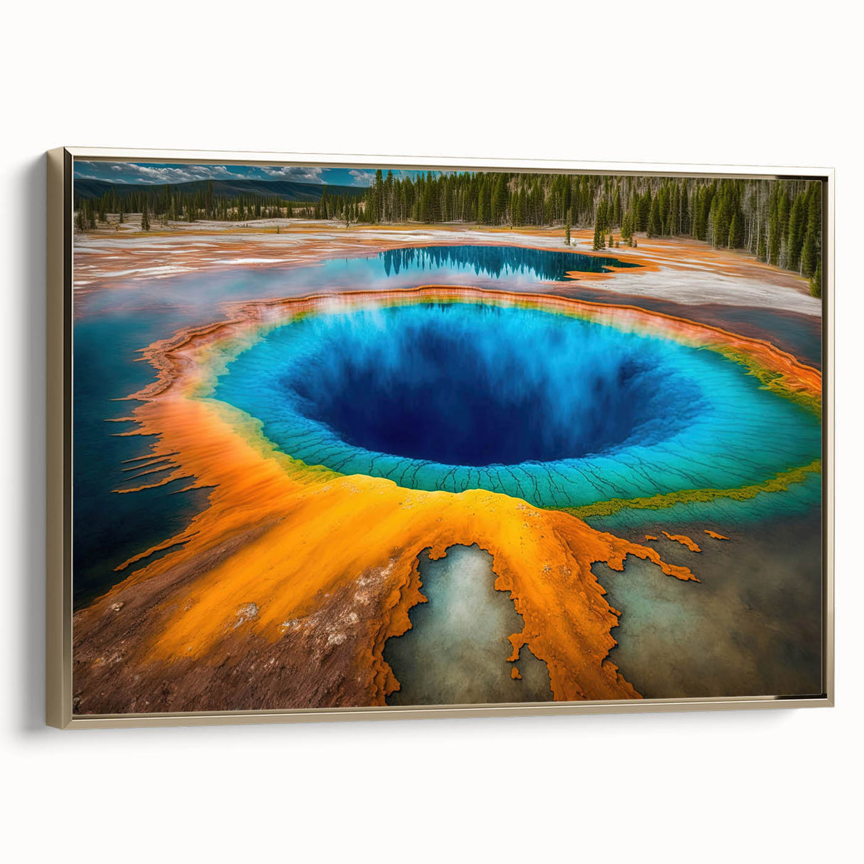 Framed canvas depicting a vintage-style landscape of Yellowstone with muted earth tones, ideal for bedroom wall art.