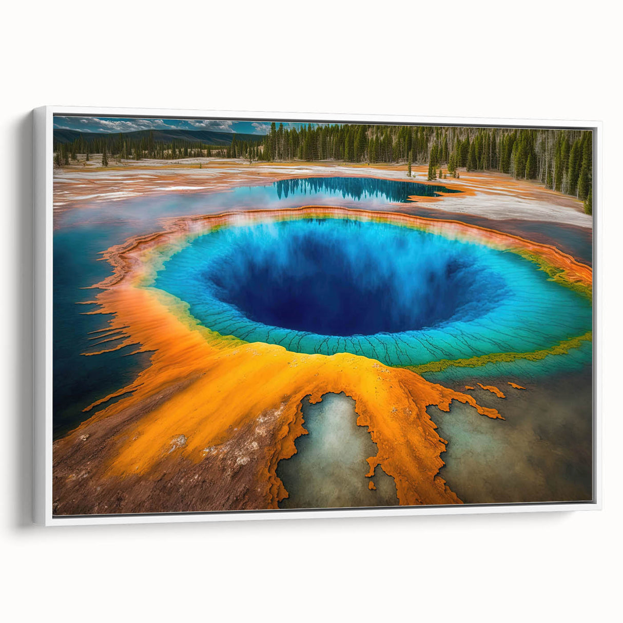 Vintage poster art of Yellowstone scenery on a framed canvas, featuring colorful artwork in extra large size.