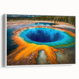 Vintage poster art of Yellowstone scenery on a framed canvas, featuring colorful artwork in extra large size.