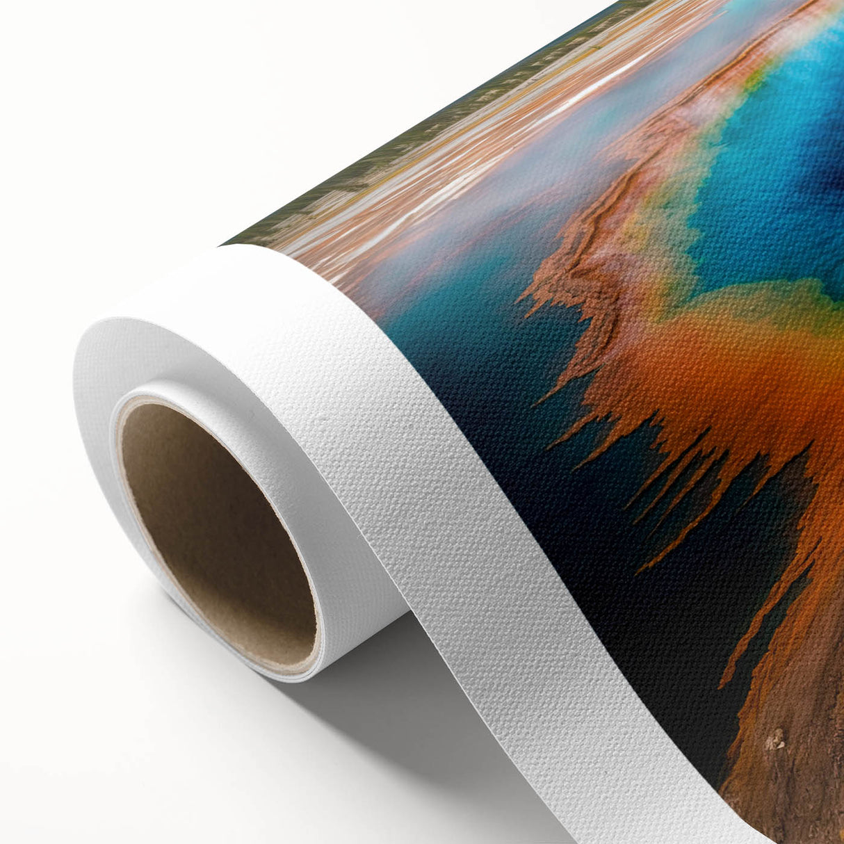 Art deco poster of Yellowstone scenery on rolled canvas, featuring earthy tones, ideal for nursery wall art.
