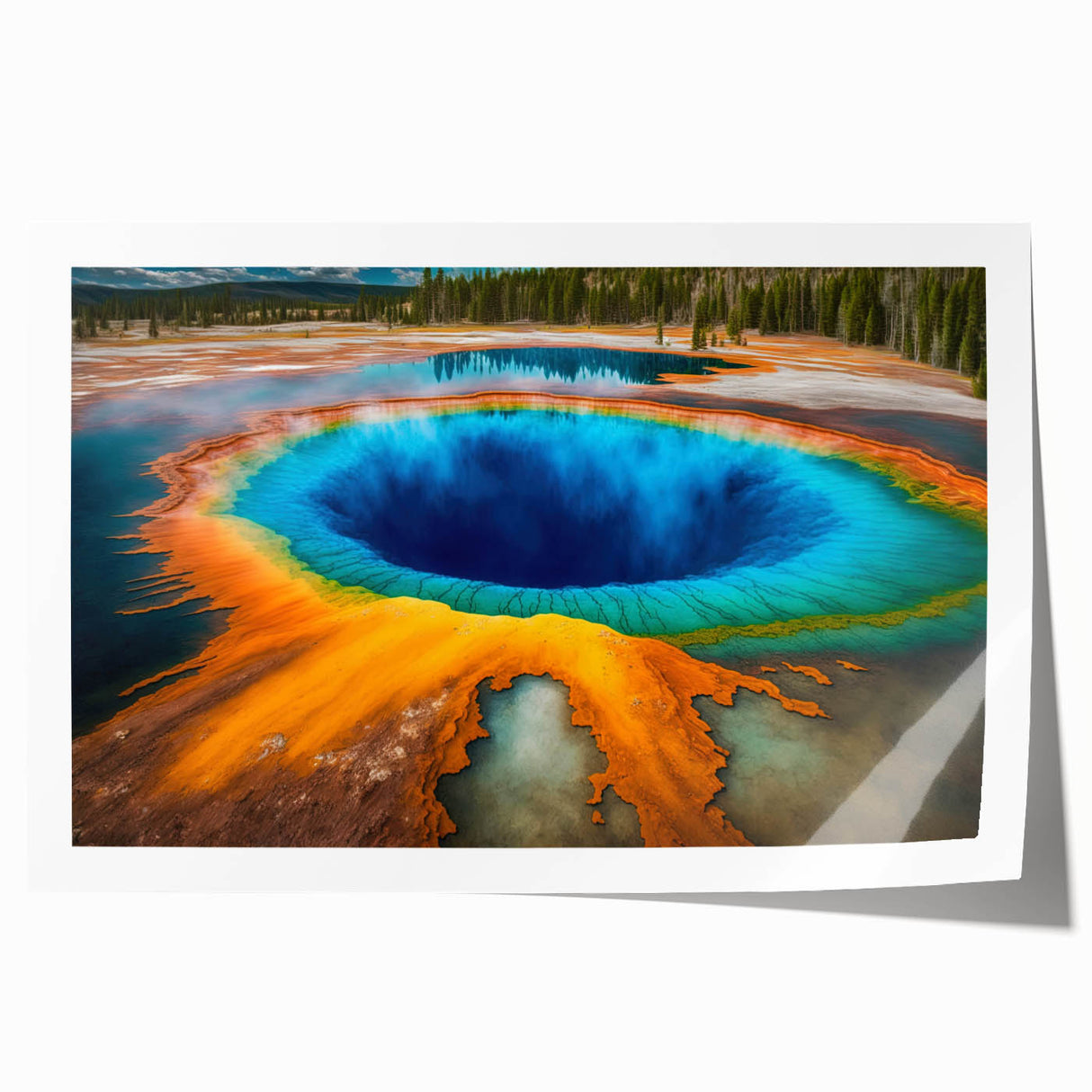 Yellowstone landscape with wildflowers on a rolled canvas, featuring soft natural hues, ideal for art wall dining room.