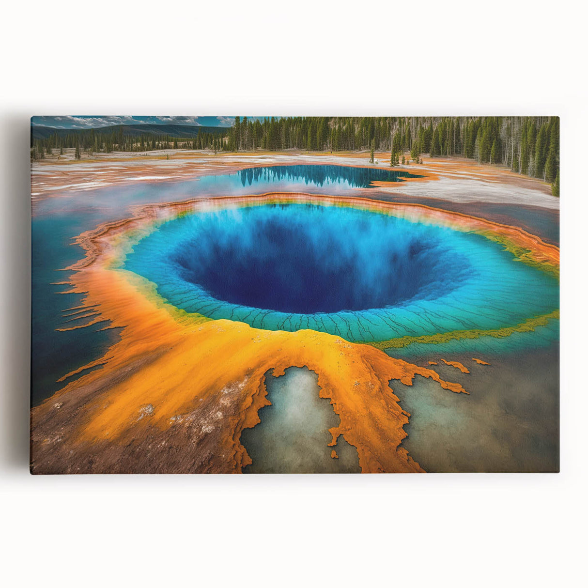 Black and white photograph of Yellowstone scenery on large stretched canvas, ideal for kitchen art.