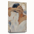Abstract figurative acrylic artwork displayed in a glass frame, highlighting vibrant colors and intricate pin details, ideal for modern home decor.