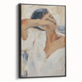 Framed abstract figurative canvas art with a black frame, showcasing dynamic shapes and vibrant colors, perfect for modern home decor or artistic spaces.
