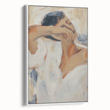 Abstract figurative framed canvas artwork showcasing vibrant colors and dynamic shapes, displayed in a sleek white frame, ideal for modern home decor.