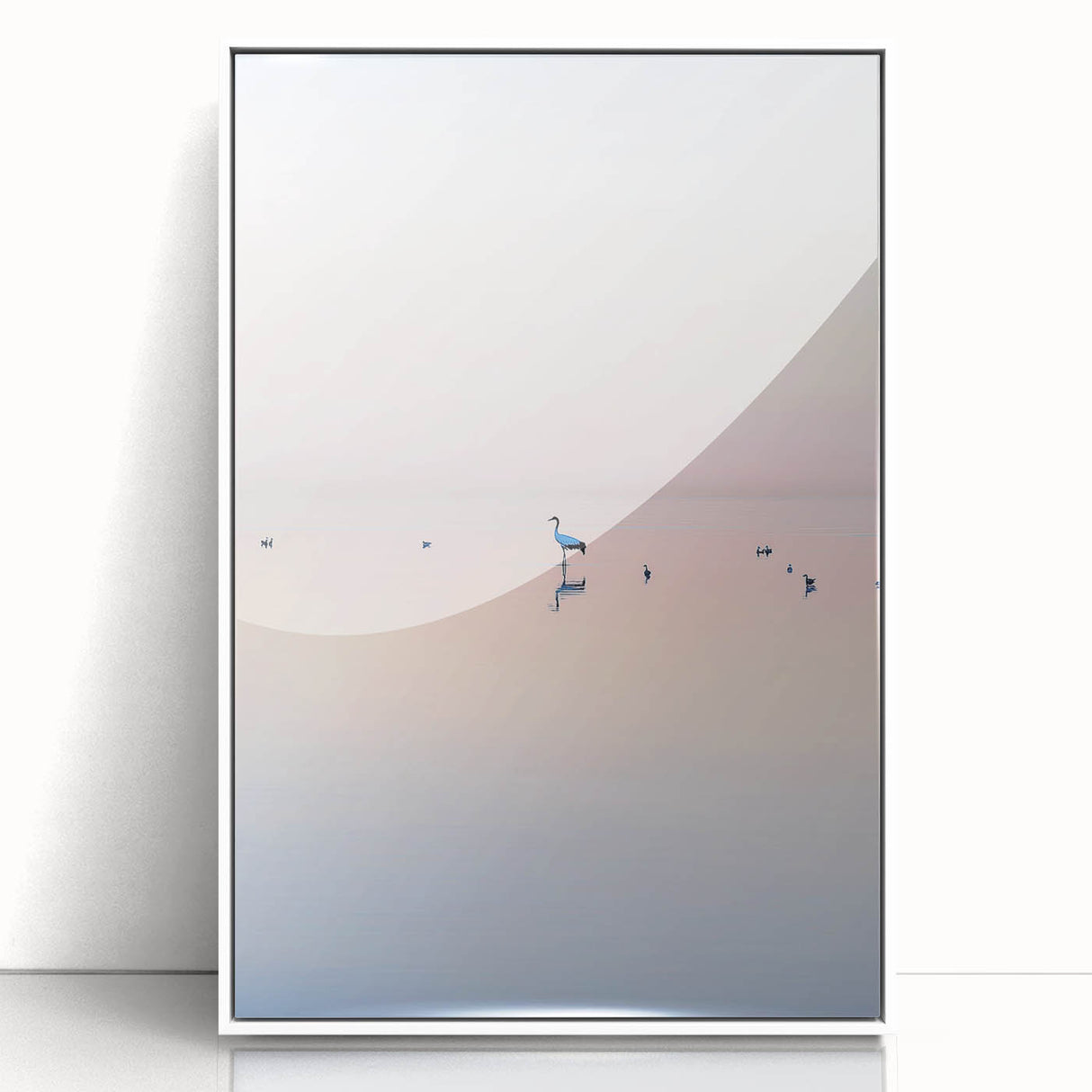 Abstract landscape artwork displayed in a sleek white frame, featuring vibrant colors and fluid shapes that evoke a serene natural scene, perfect for modern home decor.