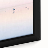 Close-up of an abstract landscape canvas print showcasing vibrant blue and green hues, framed elegantly, perfect for modern home decor. Ideal for art enthusiasts seeking to enhance their living space.
