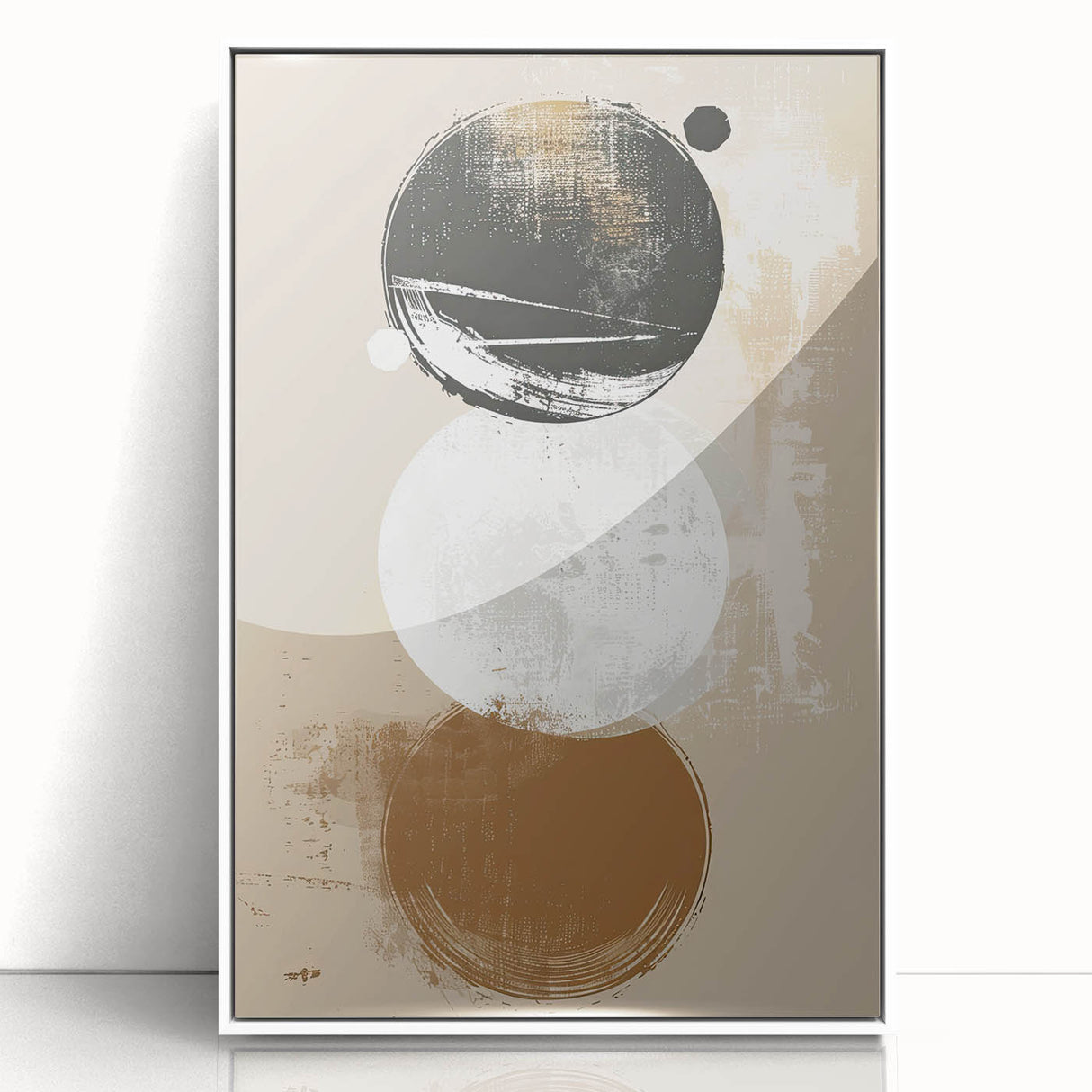 Framed abstract minimalist wall art featuring geometric shapes in soft pastel colors, displayed with a white acrylic frame, perfect for modern home decor.