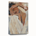 Abstract figurative acrylic artwork on glass, showcasing vibrant colors and dynamic shapes, displayed in a side view with decorative pins for mounting.