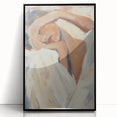 Framed abstract figurative artwork in black acrylic, showcasing dynamic shapes and bold contrasts, ideal for modern home decor. Perfect for adding a touch of sophistication to any living space.