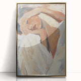 Framed abstract figurative art piece with a gold-accented design, showcasing bold colors and fluid shapes, ideal for contemporary home decor.