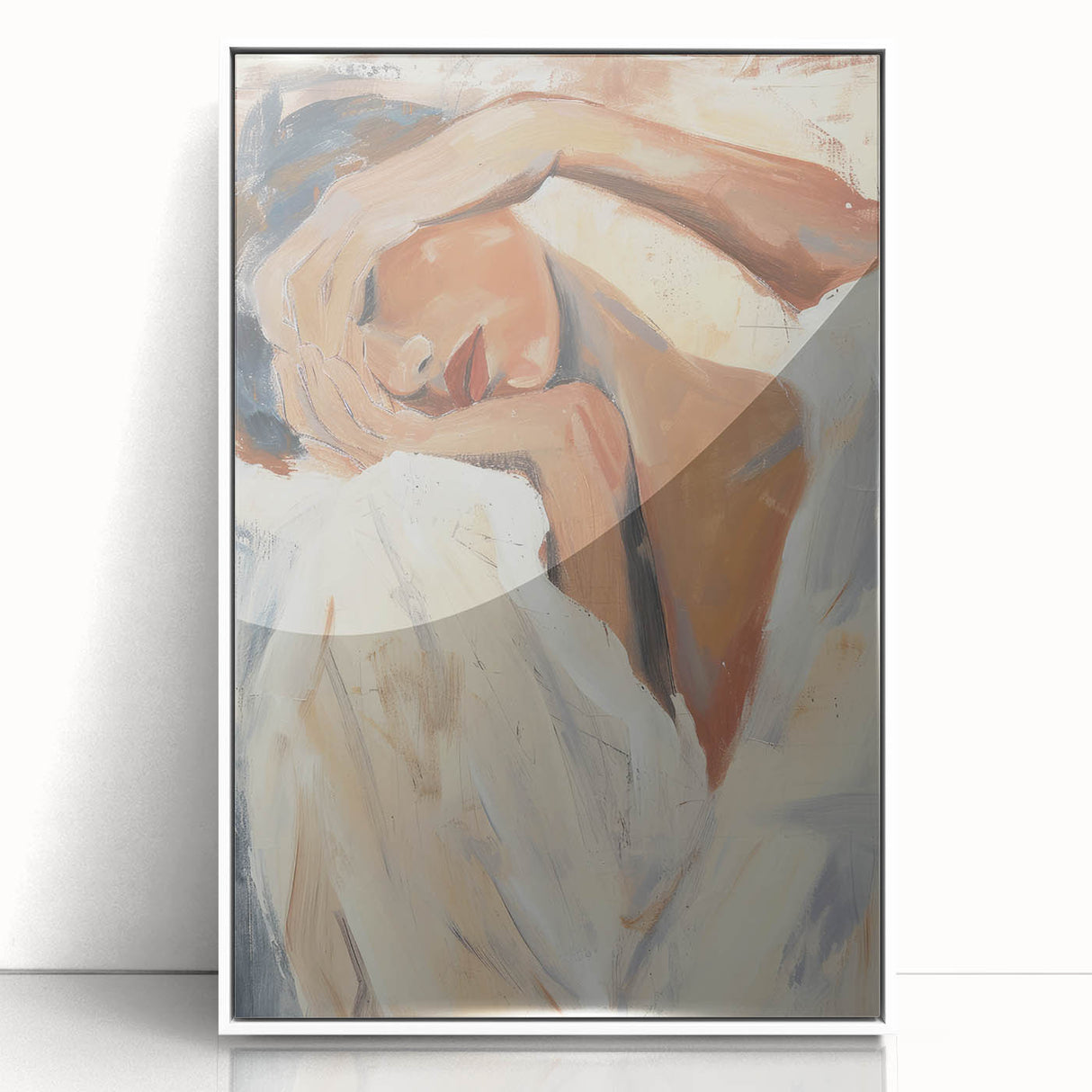 Abstract figurative artwork framed in white acrylic, showcasing vibrant colors and dynamic shapes that enhance modern decor aesthetics. Ideal for contemporary art enthusiasts.